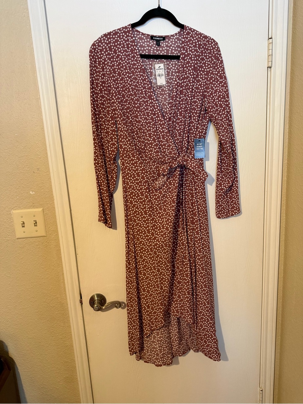 Express Polka Dot Long Sleeve Wrap Dress - Picture 3 of 5